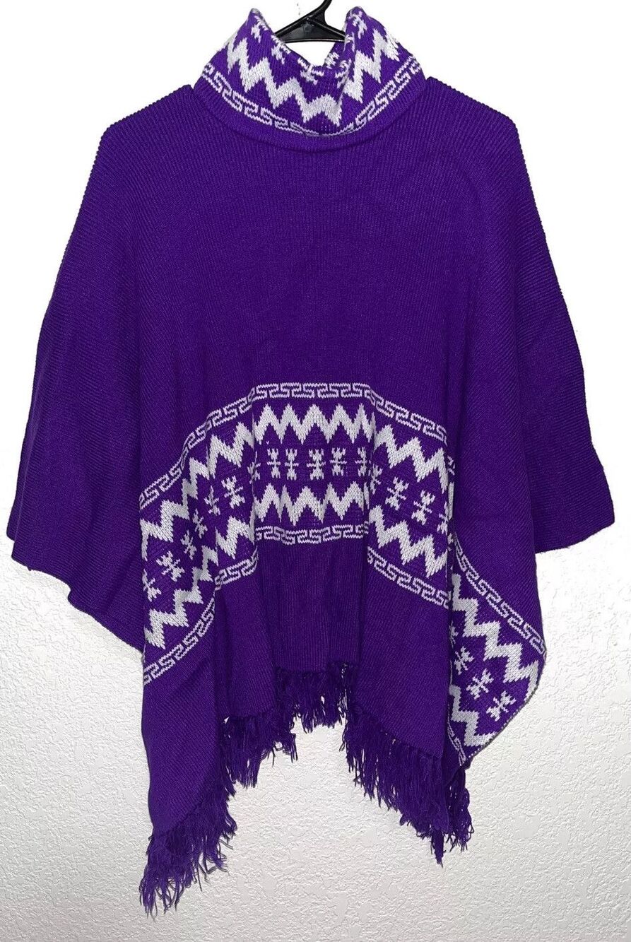 Wool Turtleneck Pullover Poncho Purple White Women One Size Geometric Design